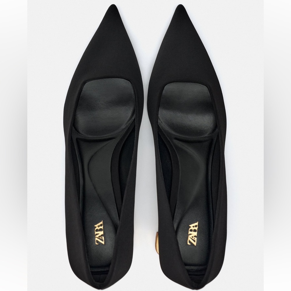 Zara Black Satin Heels With Metallic Gold Block Heel - Picture 4 of 11